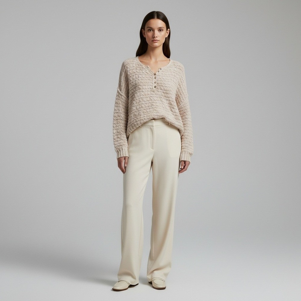 FP Beach Free People Cream Textured Knit Oversized‎ Henley Sweater XS